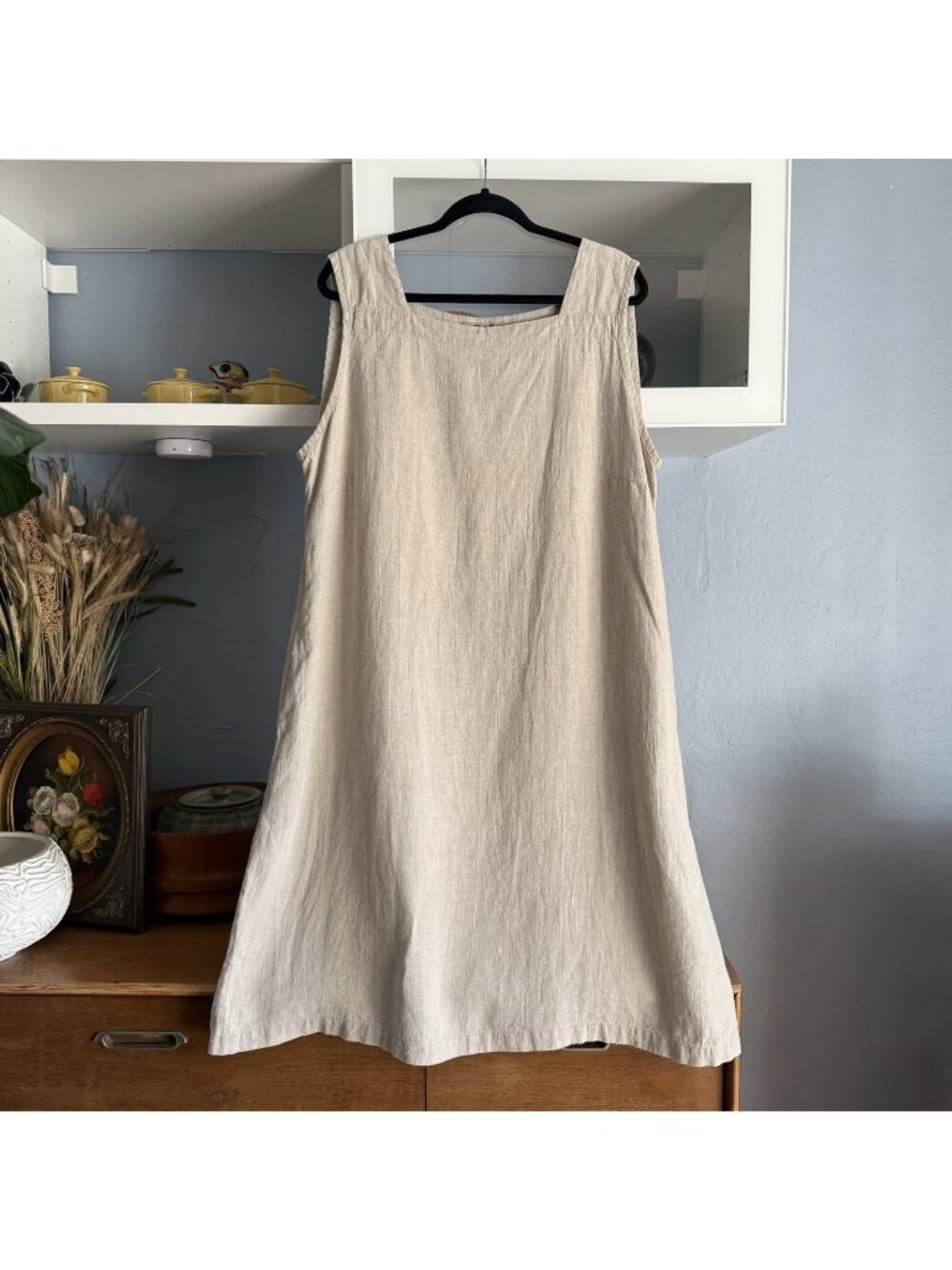 Flax Jeanne Engelhart Linen Square Neck Shift Midi Dress Minimalist Lagenlook